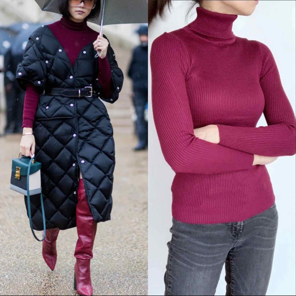 BURGUNDY SLIM FIT RIBBED TURTLENECK TOP